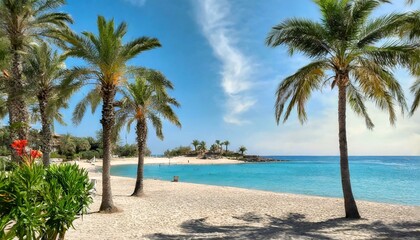 Fototapeta premium Beautiful tropical beach with palm trees, sunset beach seascape, design template for travel banner.