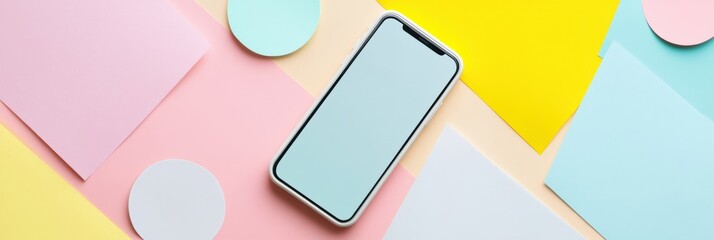 Stylized social media post design featuring smartphone on colorful paper background with minimalistic layout. Generative AI