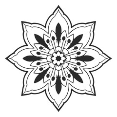A vector illustration of a mandala silhouette with a white background. The mandala has a circular pattern with multiple layers of interlocking geometric shapes, including triangles, squares, and circl