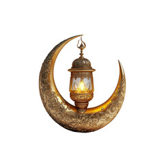 Ornate Golden Crescent Moon with Illuminated Lantern - Ramadan Kareem