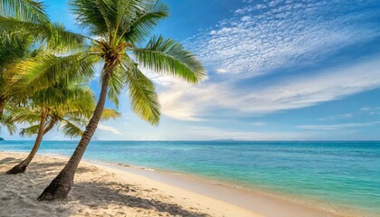 Obraz premium Beautiful tropical beach with palm trees, sunset beach seascape, design template for travel banner.