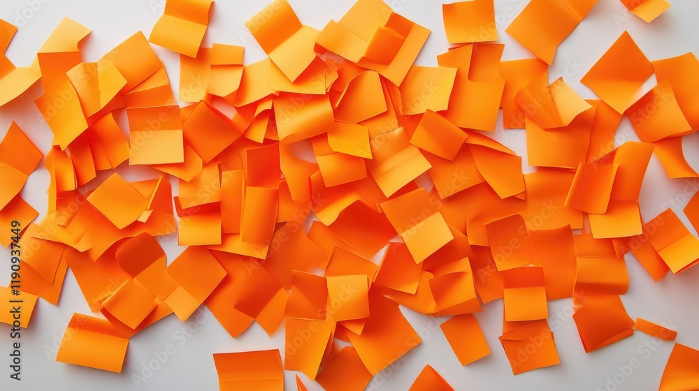 Poster a disordered arrangement of bright orange sticky notes on a white surface, emphasizing the chaos and