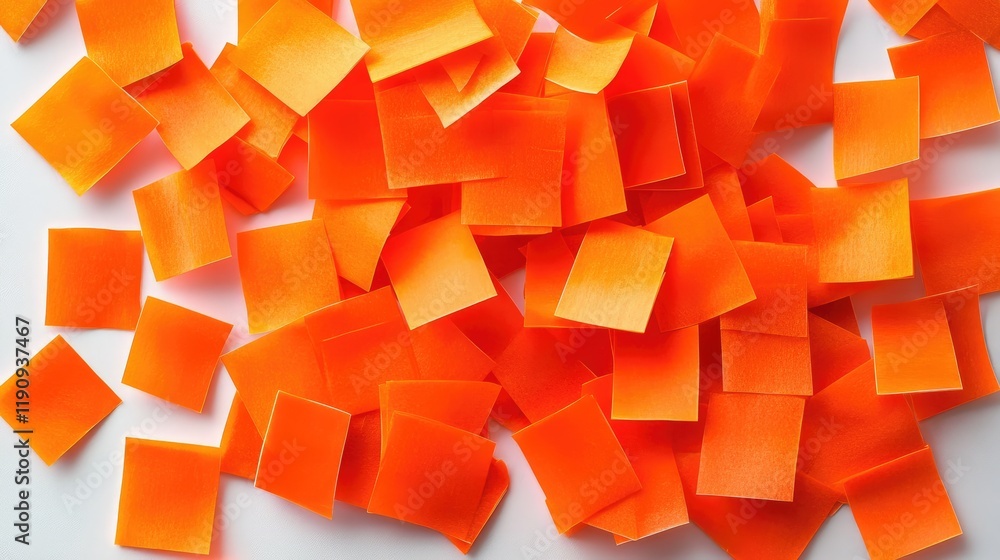 Poster a disordered arrangement of bright orange sticky notes on a white surface, emphasizing the chaos and