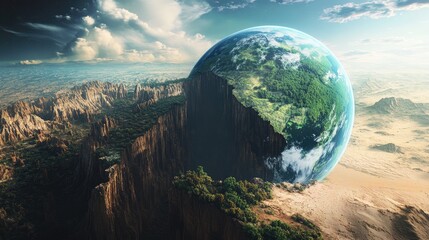A dramatic Earth split into two halves, with one side thriving in vibrant green landscapes and the other a barren desert, symbolizing nature contrasting beauty and harshness