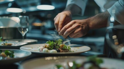 A chef garnishing a gourmet dish in a high-end restaurant kitchen, Restaurant kitchen scene, Elegant and refined style