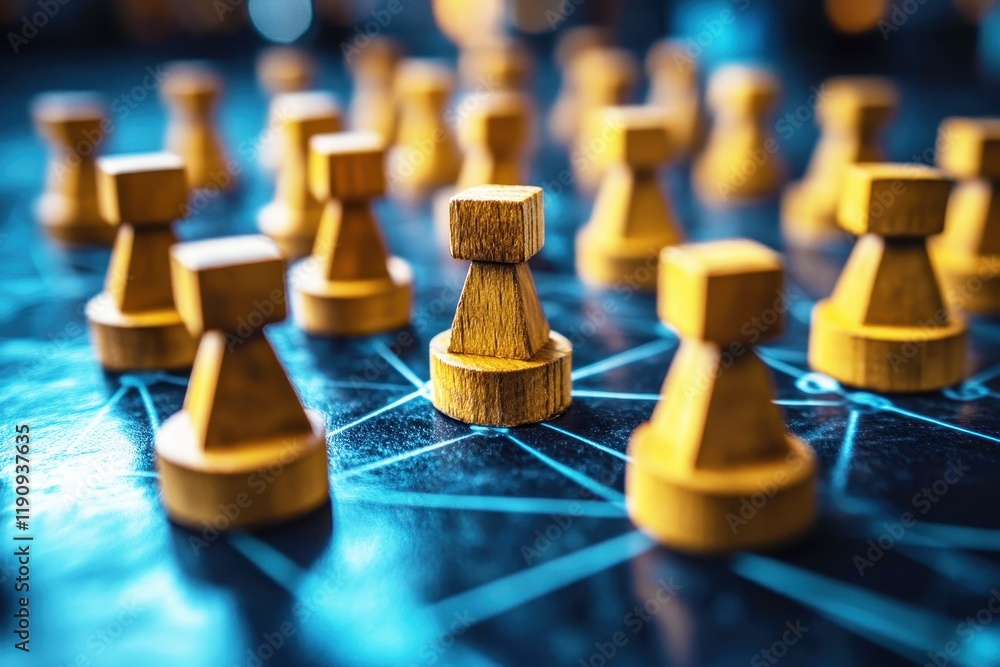 Poster wooden game pieces on a dark table representing strategy and planning in a competitive environment w