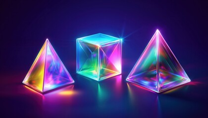 Neon Holographic Cube, Rectangular Cuboid, And Pyramid Prism: Abstract Designs For Science And Technology Covers In Space-Age Hues.