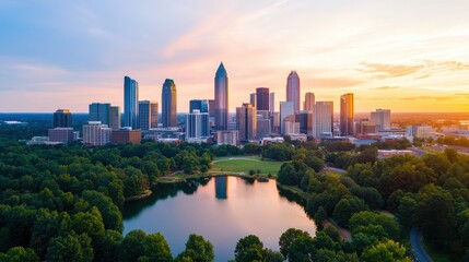 Naklejka premium A stunning skyline view of Atlanta at sunset, showcasing modern skyscrapers surrounded by lush parks and a serene lake.