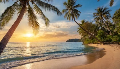 Beautiful tropical beach with palm trees, sunset beach seascape, design template for travel banner.