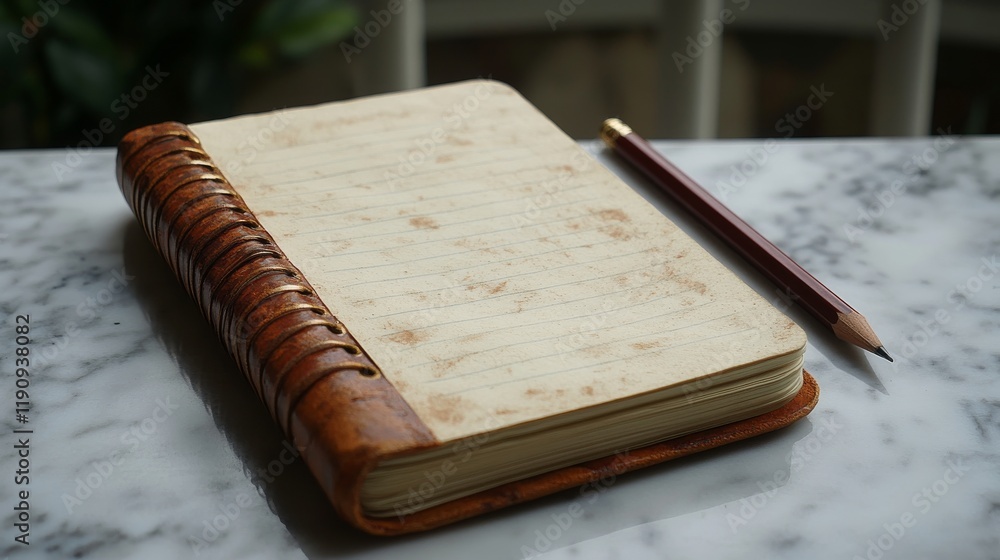 Poster writing tools on a textured surface with a focus on two colorful notebooks and a yellow pencil