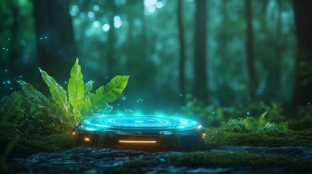 Futuristic forest navigation with glowing digital compass. Generative AI