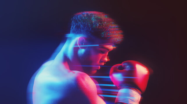 profile of a focused young boxer with vibrant neon red and blue glitch effects, blending strength, motion, and artistic energy, perfect for sports, futuristic, and creative visuals