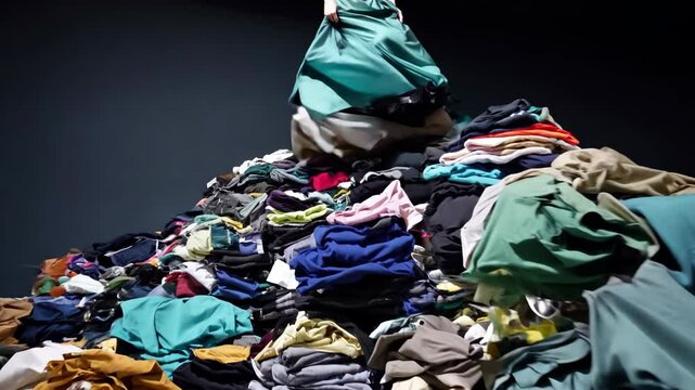 A big pile of things collected from a landfill. The concept of overconsumption, overspending and buying unnecessary things and clothes. Reusing second-hand. A world global problem