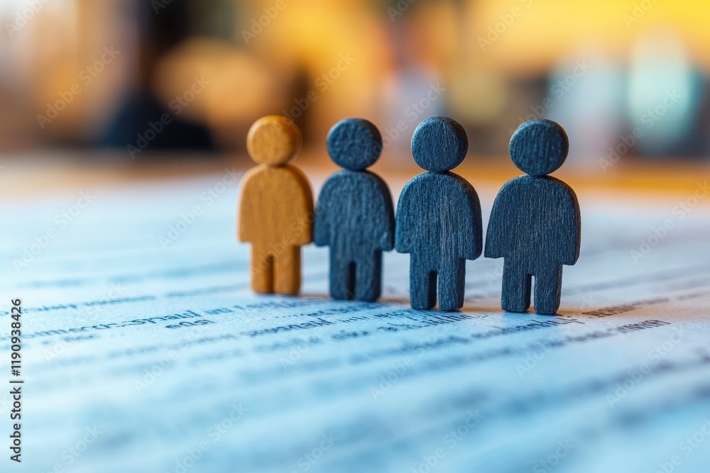 Poster diverse group of wooden figurines standing in a row on desk surrounded by blurry office environment 