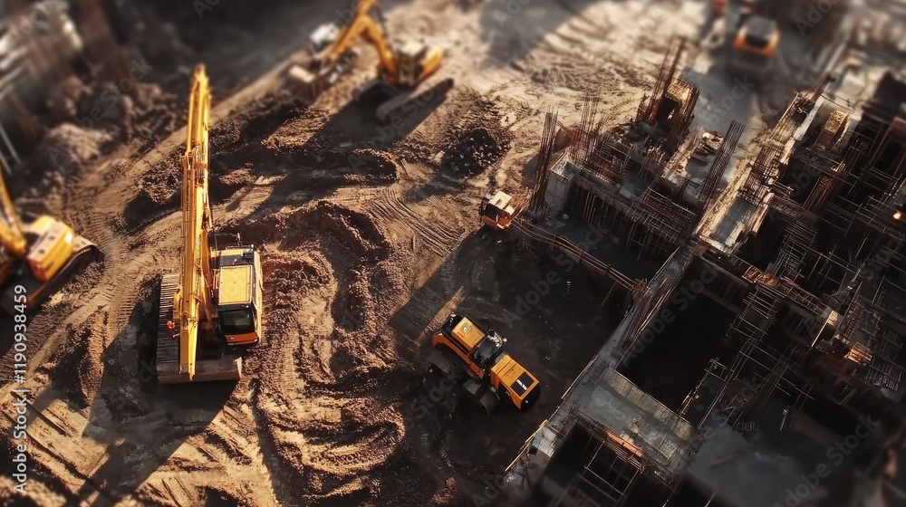Poster a dynamic aerial shot of a construction site, with cranes, bulldozers, and loaders engaging in earth