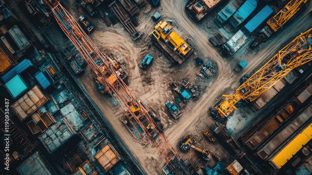 Poster a dynamic aerial shot of a construction site, with cranes, bulldozers, and loaders engaging in earth