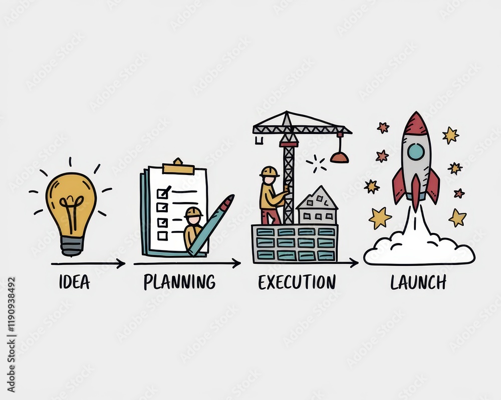 Poster a visual representation of project development stages from idea to launch