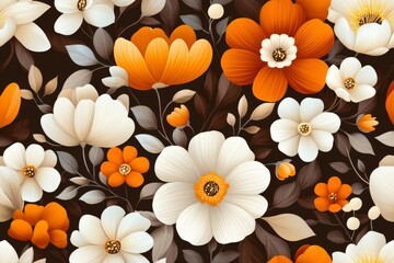 A 1970s-inspired wallpaper with bold floral prints in warm earthy tones of brown, orange, and yellow