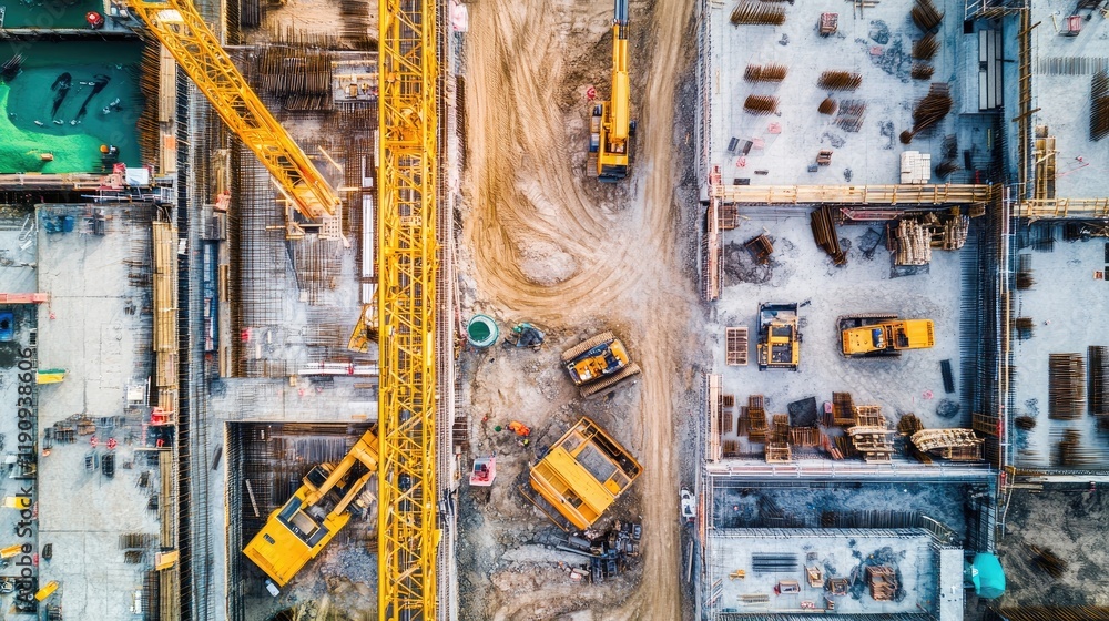 Poster a dynamic aerial shot of a construction site, with cranes, bulldozers, and loaders engaging in earth
