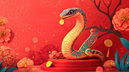 A festive illustration of a cartoon snake with a golden coin on a Chinese Lunar New Year podium, set against a vibrant red background with traditional CNY patterns and symbols