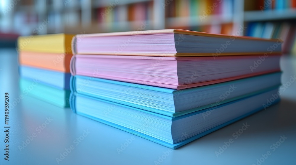Poster colorful stack of notebooks arranged neatly on a marble surface for creativity and organization