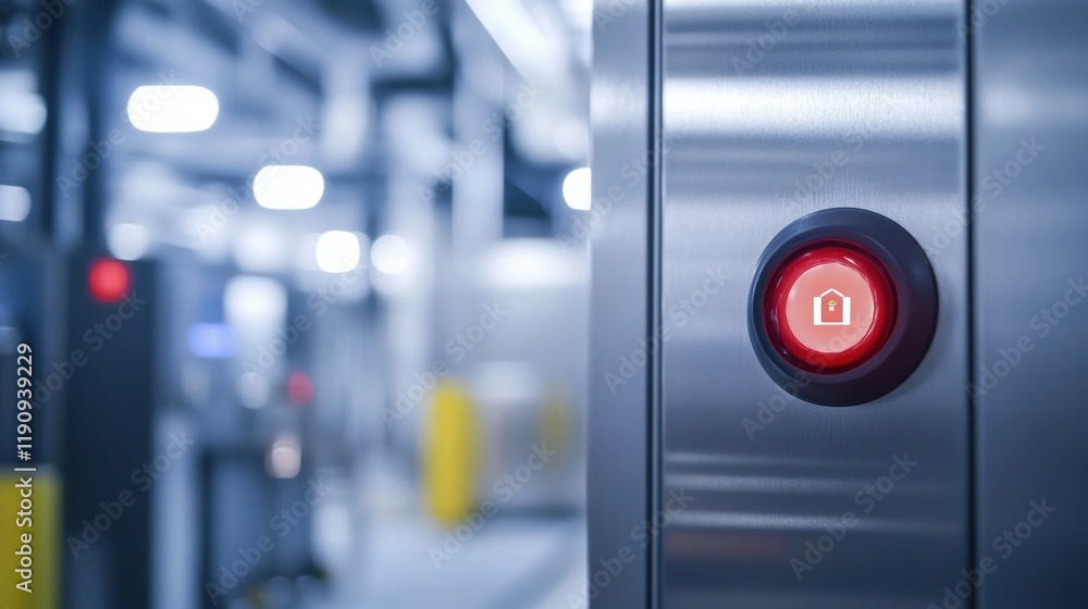 Poster illuminated red home button on a control panel in a modern factory setting highlights automated oper