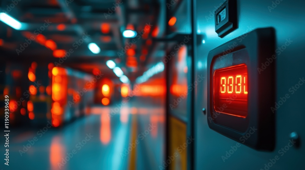 Poster red digital counter showing production status with blurred industrial background in manufacturing pl