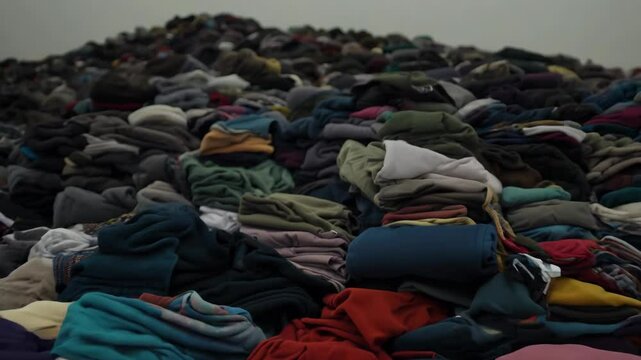 A big pile of things collected from a landfill. The concept of overconsumption, overspending and buying unnecessary things and clothes. Reusing second-hand. A world global problem