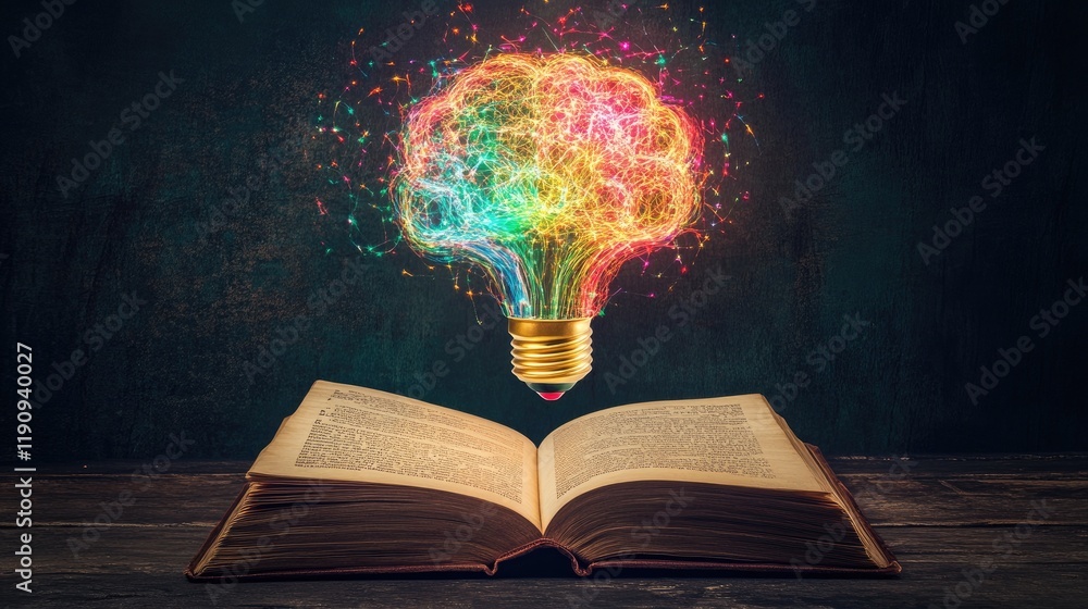 Poster A glowing multicolored brain-bulb hovers above an open book, representing the connection between knowledge, creativity, and enlightenment