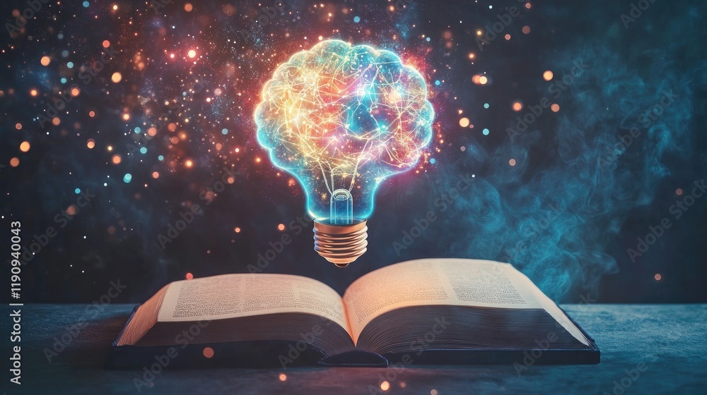 Poster A glowing multicolored brain-bulb hovers above an open book, representing the connection between knowledge, creativity, and enlightenment