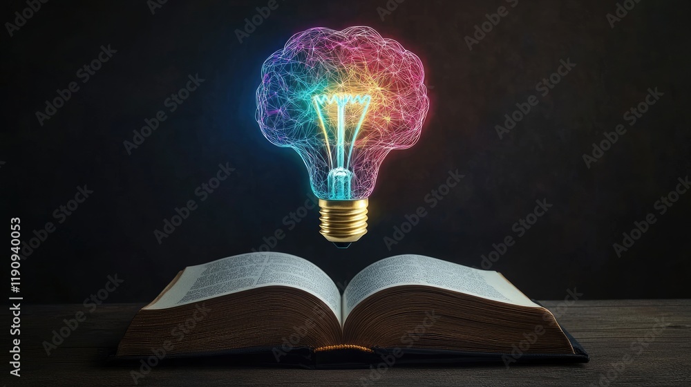 Poster A glowing multicolored brain-bulb hovers above an open book, representing the connection between knowledge, creativity, and enlightenment