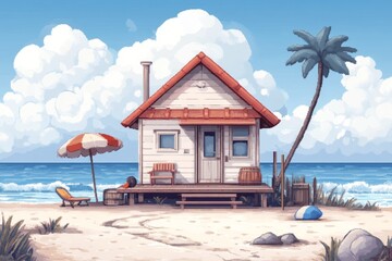 Fototapeta premium A charming pixel art depiction of a seaside vacation, featuring a tiny hut, colorful beach umbrellas, and gently pixelated ocean waves