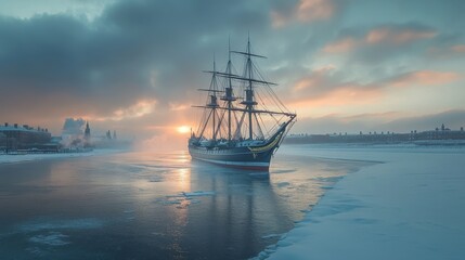 Obraz premium Majestic sailing ship on frozen river at sunset in winter landscape