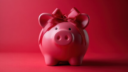 Red piggy bank with ribbon on vibrant red background for savings concept