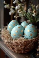 Decorative Easter Eggs in Wicker Basket Surrounded by Natural Floral Arrangement