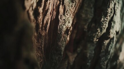 Fototapeta premium Close-up of textured tree bark in natural forest setting, highlighting intricate patterns and serene woodland atmosphere for nature enthusiasts.