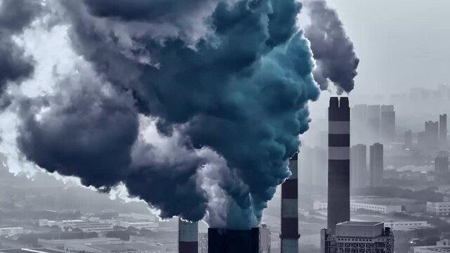 Industrial pollution on urban skyline with smog and emissions
