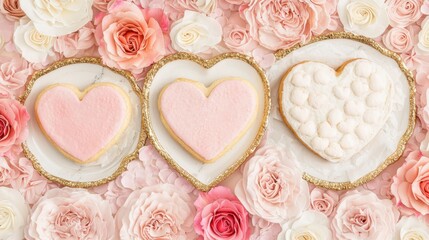 Valentine's day heart cookies floral arrangement dessert photography romantic setting aesthetic viewpoint sweet concept