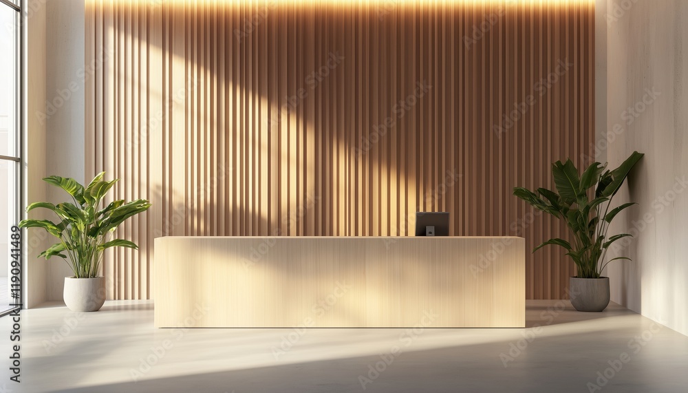 Poster reception desk in office with light wooden wall elements - front view rendered mock-up. stylish and 
