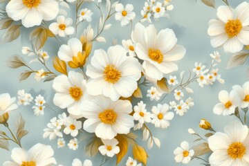 A close-up of vintage wallpaper featuring small daisies in a repeating pattern, with muted yellow and cream tones