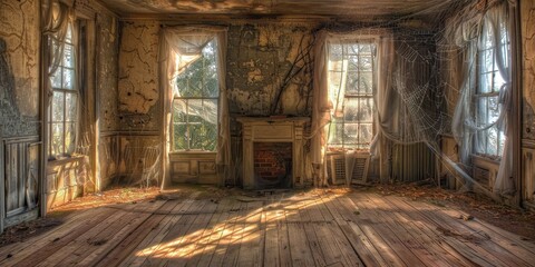 Fototapeta premium An abandoned room with peeling walls, cobwebs, and sunlight filtering through dusty windows.