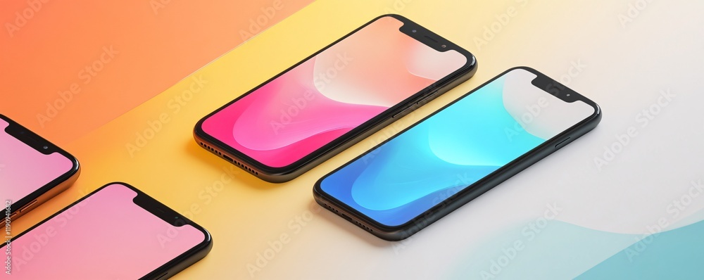 Poster modern smartphones displaying vibrant gradients on colorful background