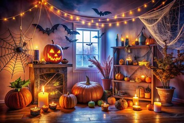 Fototapeta premium Panoramic Halloween Room Scene: Spooky Decor & Blank Space for Text