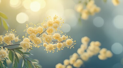 Sunlit yellow acacia blossoms with soft bokeh background in a tranquil garden