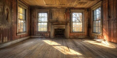 Fototapeta premium An abandoned room with wooden floors, peeling walls, and sunlight streaming through dusty windows.