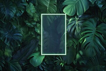 Neon frame surrounded by tropical foliage.
