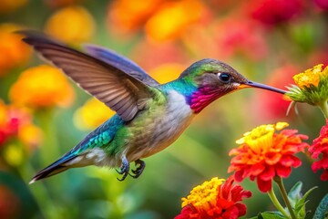 Panoramic Hummingbird Feeding on Vibrant Flowers - Dynamic Bird Photography