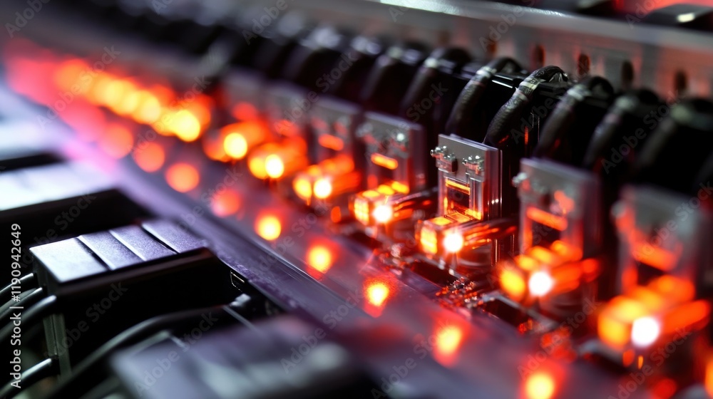 Poster close up view of network cables connecting to a server rack panel, featuring blinking red lights tha