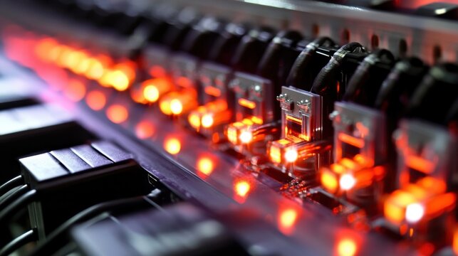 Close up view of network cables connecting to a server rack panel, featuring blinking red lights that signal active data transfer and ongoing internet network activity