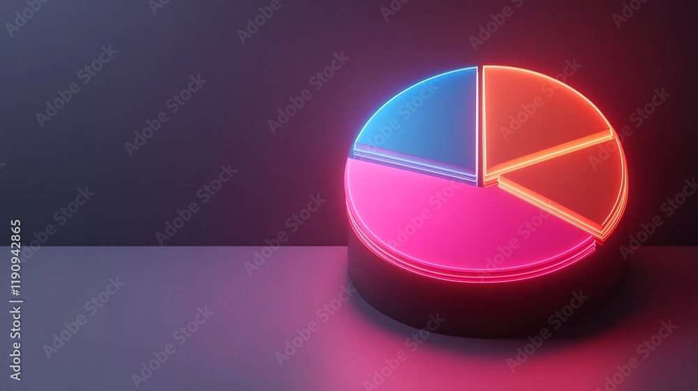 Poster glowing neon pie chart 3d for data visualization and infographics
